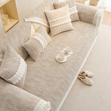 Soft Chenille Sectional Sofa Cover with Pom Pom Trim – Non-Slip Couch Protector