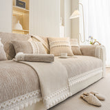 Soft Chenille Sectional Sofa Cover with Pom Pom Trim – Non-Slip Couch Protector