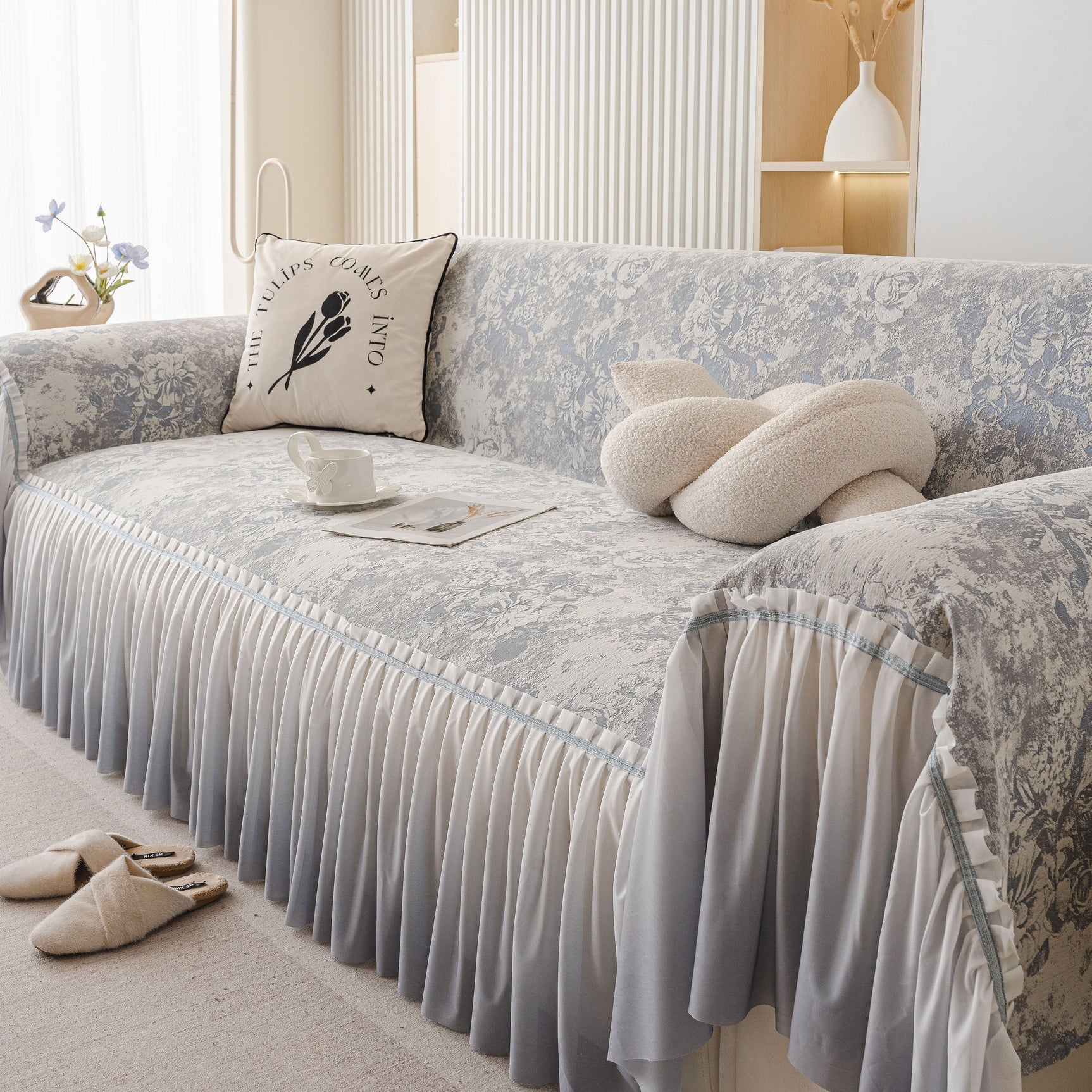 French Chic Style Ruffle Rose Cover Throw for Sofas, Decorative Sectional Covers