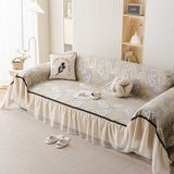Leaf Jacquard Sofa Cover with Ruffle Skirt – Non-Slip Couch Protector with Sheer Hem