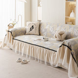 Leaf Jacquard Sofa Cover with Ruffle Skirt – Non-Slip Couch Protector with Sheer Hem