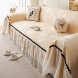 Leaf Jacquard Sofa Cover with Ruffle Skirt – Non-Slip Couch Protector with Sheer Hem