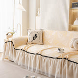 Leaf Jacquard Sofa Cover with Ruffle Skirt – Non-Slip Couch Protector with Sheer Hem