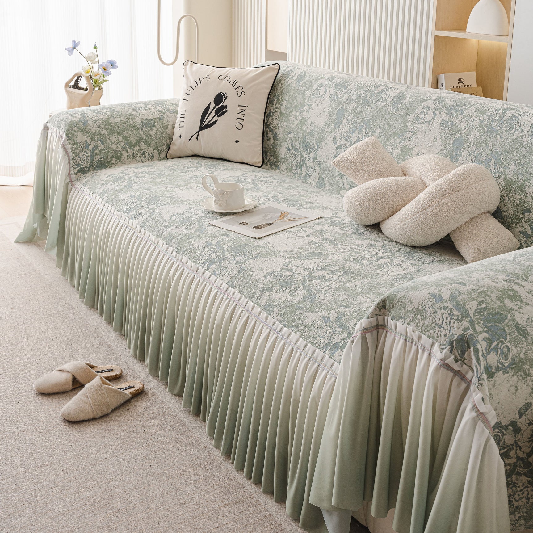 French Chic Style Ruffle Rose Cover Throw for Sofas, Decorative Sectional Covers
