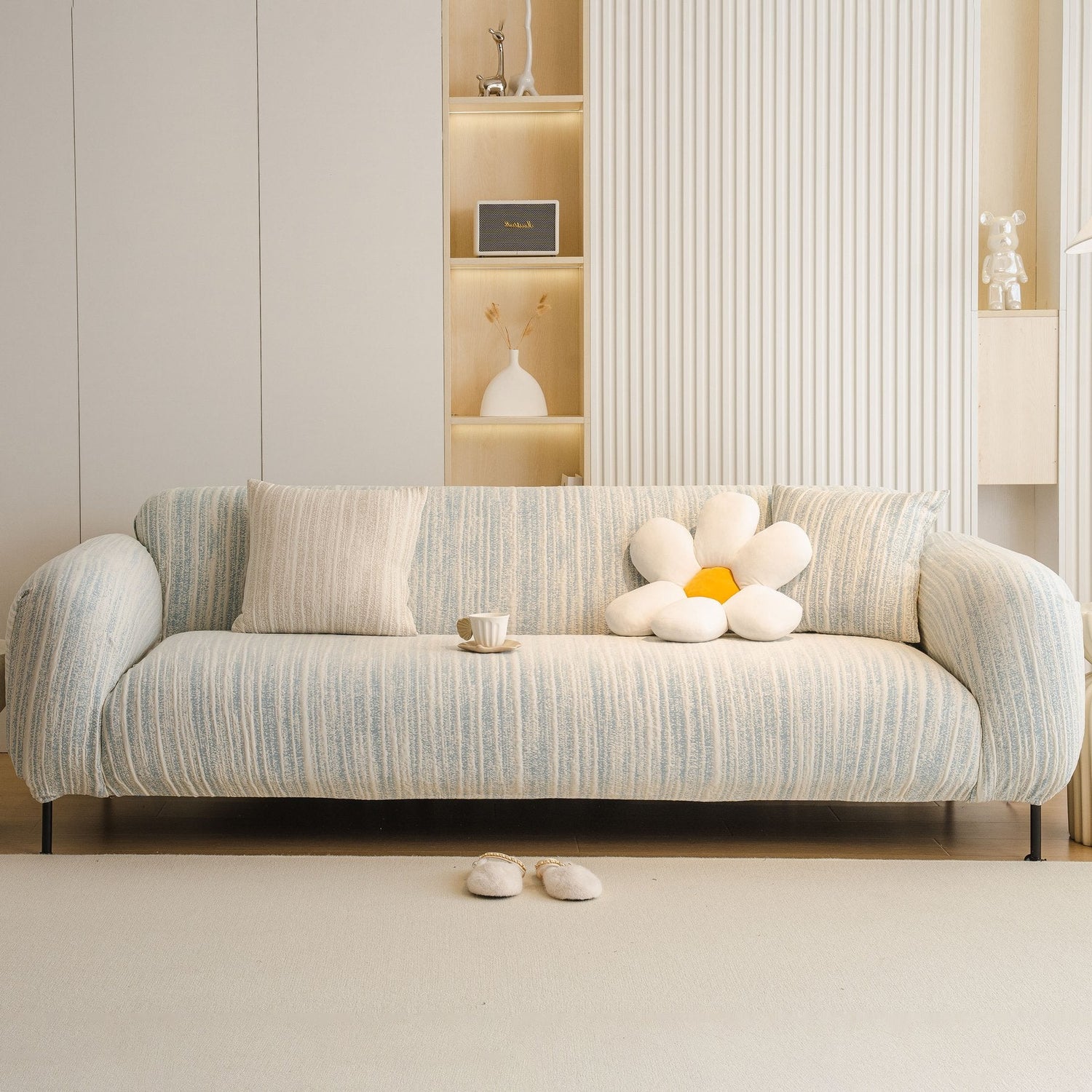 Ribbed Washable Sofa Cover, High Stretch Striped Couch Slipcover with Tie Straps