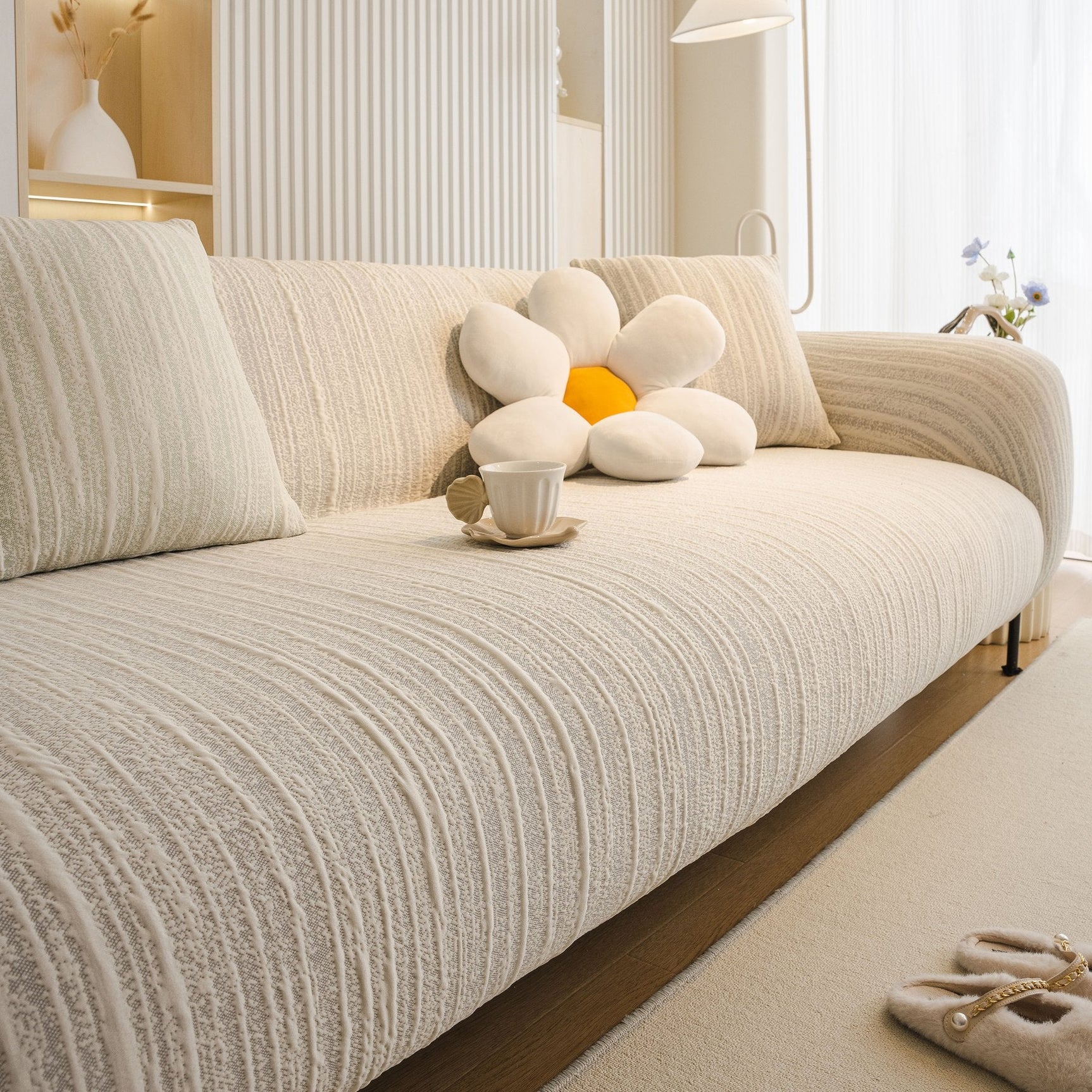 Ribbed Washable Sofa Cover, High Stretch Striped Couch Slipcover with Tie Straps