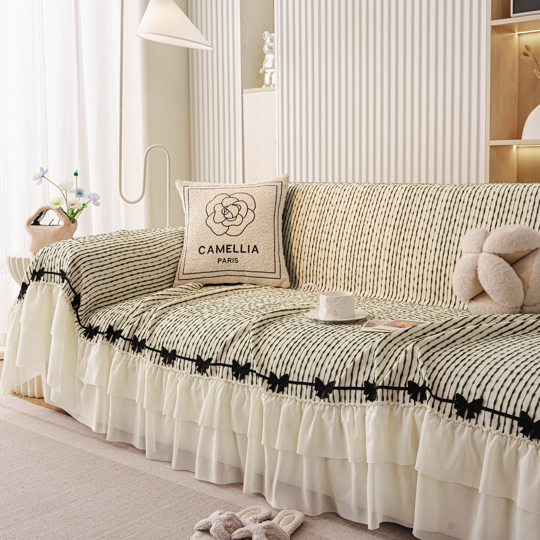 Ruffled Sofa Cover with Bowknot Decor, French Country Style Skirted Couch Slipcover