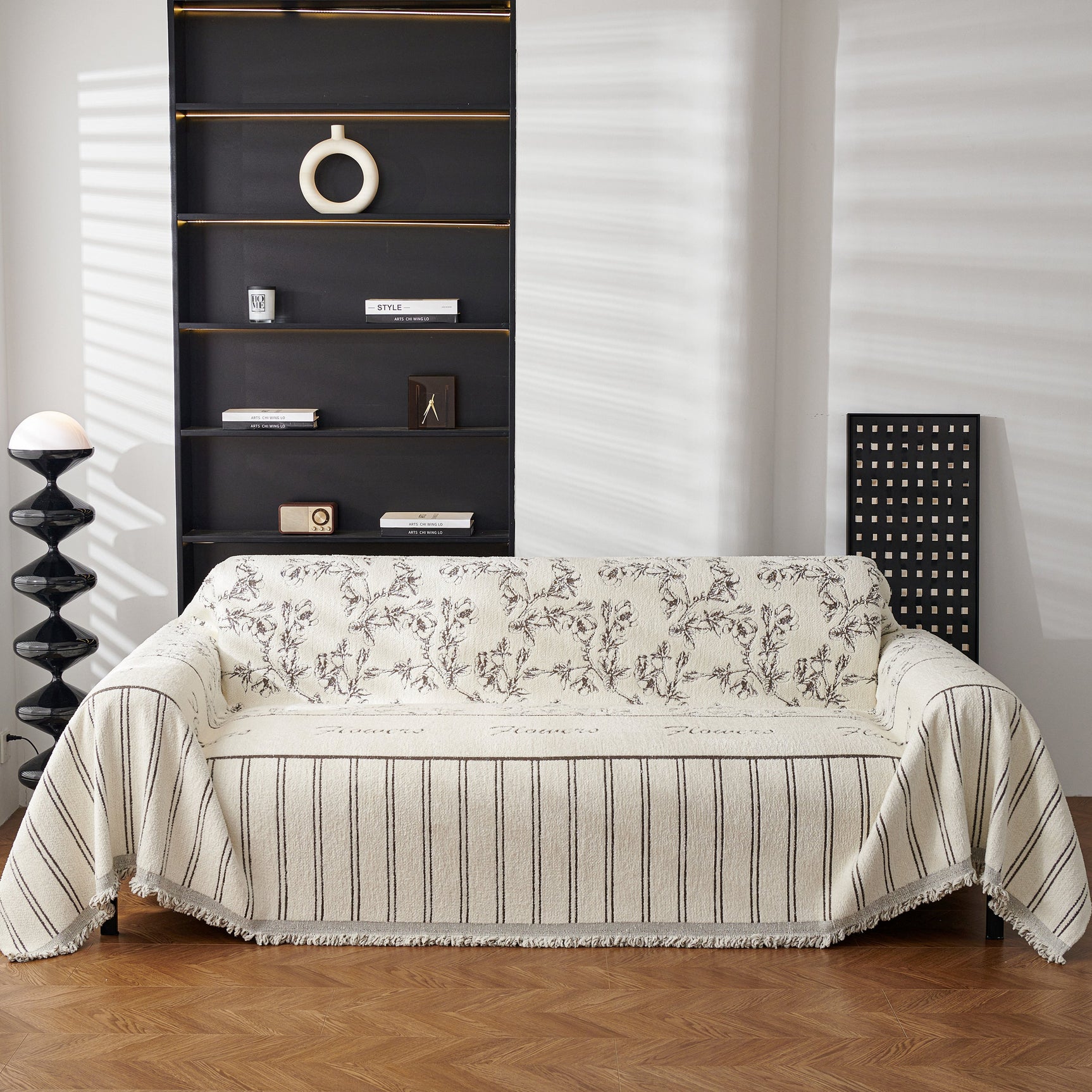 Chenille Striped Floral Couch Cover Sofa Slipcover for Most Shape Sofas, Reversible Sofa Throw Cover