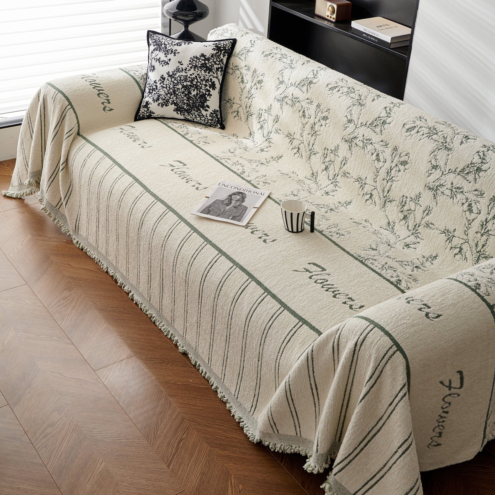 Chenille Striped Floral Couch Cover Sofa Slipcover for Most Shape Sofas, Reversible Sofa Throw Cover