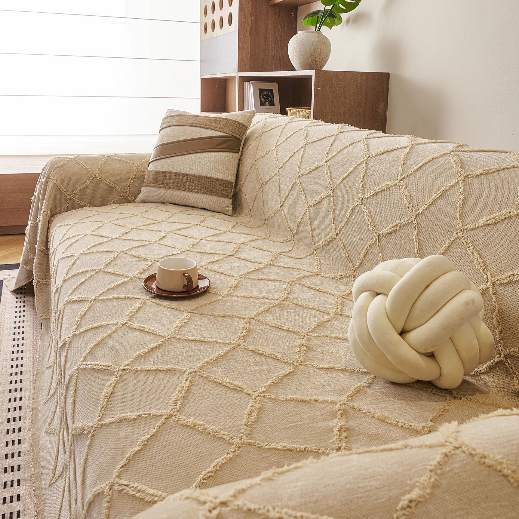 Soft Chenille Sofa Throw Cover, Raised Geometric Texture Furniture Protector Blanket