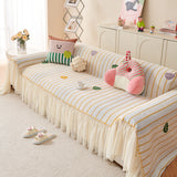 Cute Dotted Stripe Couch Protector, Non-Slip Washable Sofa Cover with Ruffled Skirt