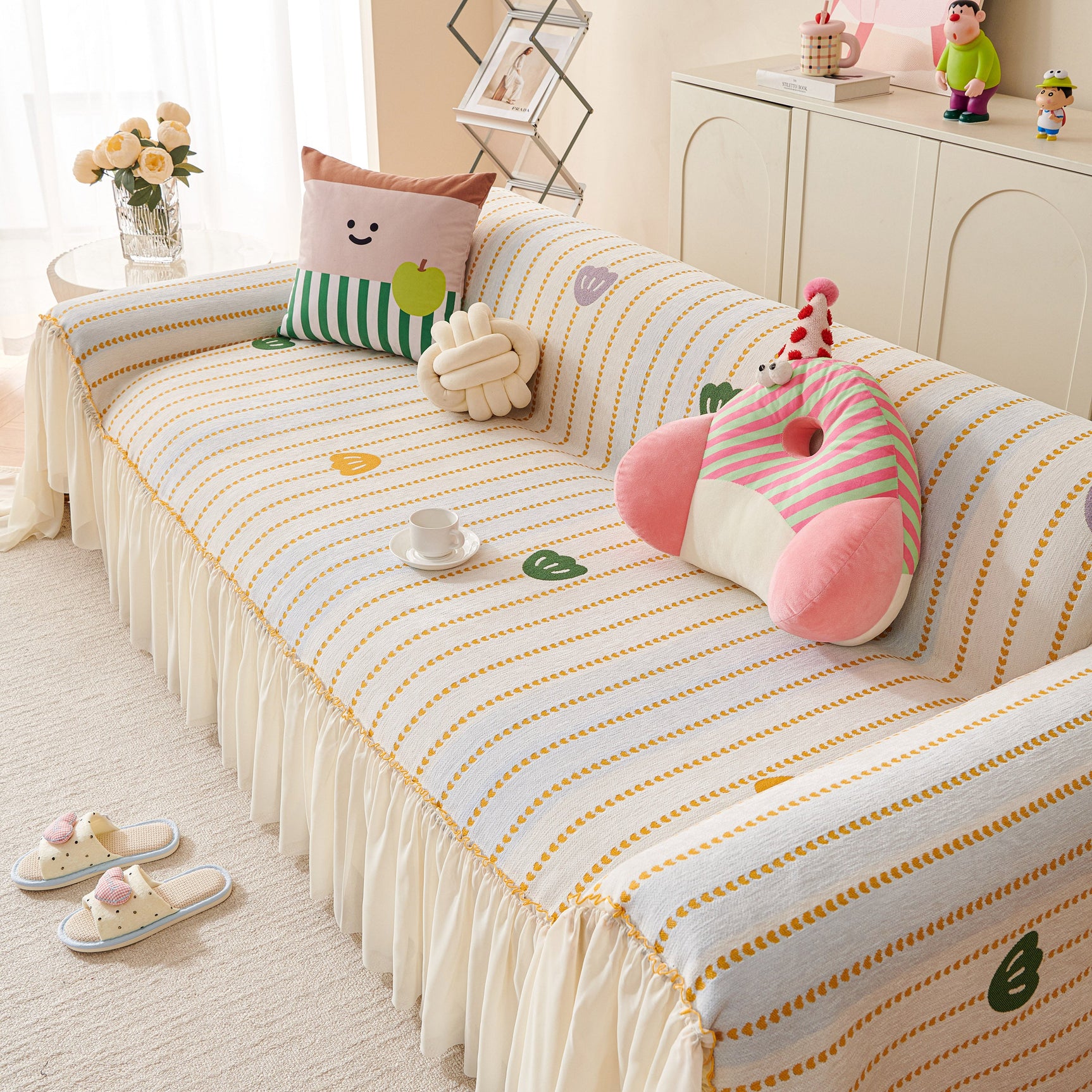 Cute Dotted Stripe Couch Protector, Non-Slip Washable Sofa Cover with Ruffled Skirt