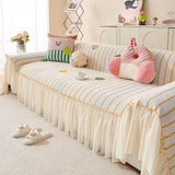 Cute Dotted Stripe Couch Protector, Non-Slip Washable Sofa Cover with Ruffled Skirt