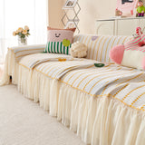 Cute Dotted Stripe Couch Protector, Non-Slip Washable Sofa Cover with Ruffled Skirt