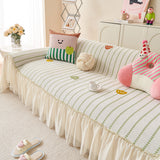 Cute Dotted Stripe Couch Protector, Non-Slip Washable Sofa Cover with Ruffled Skirt