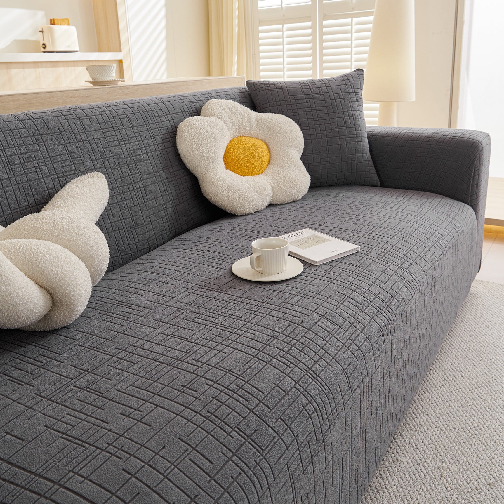 Embossed Lines Couch Covers Stretchable Non-Slip & Washable Sofa Slipcovers