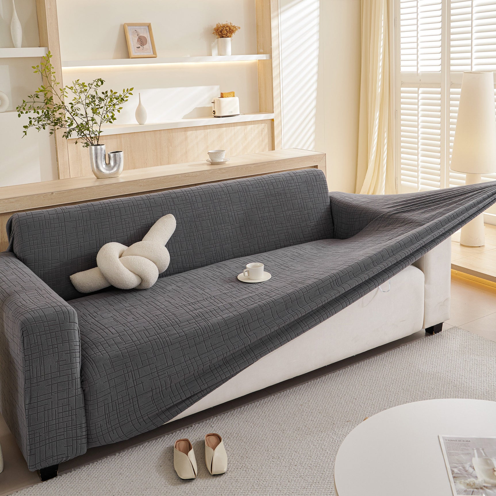Embossed Lines Couch Covers Stretchable Non-Slip & Washable Sofa Slipcovers