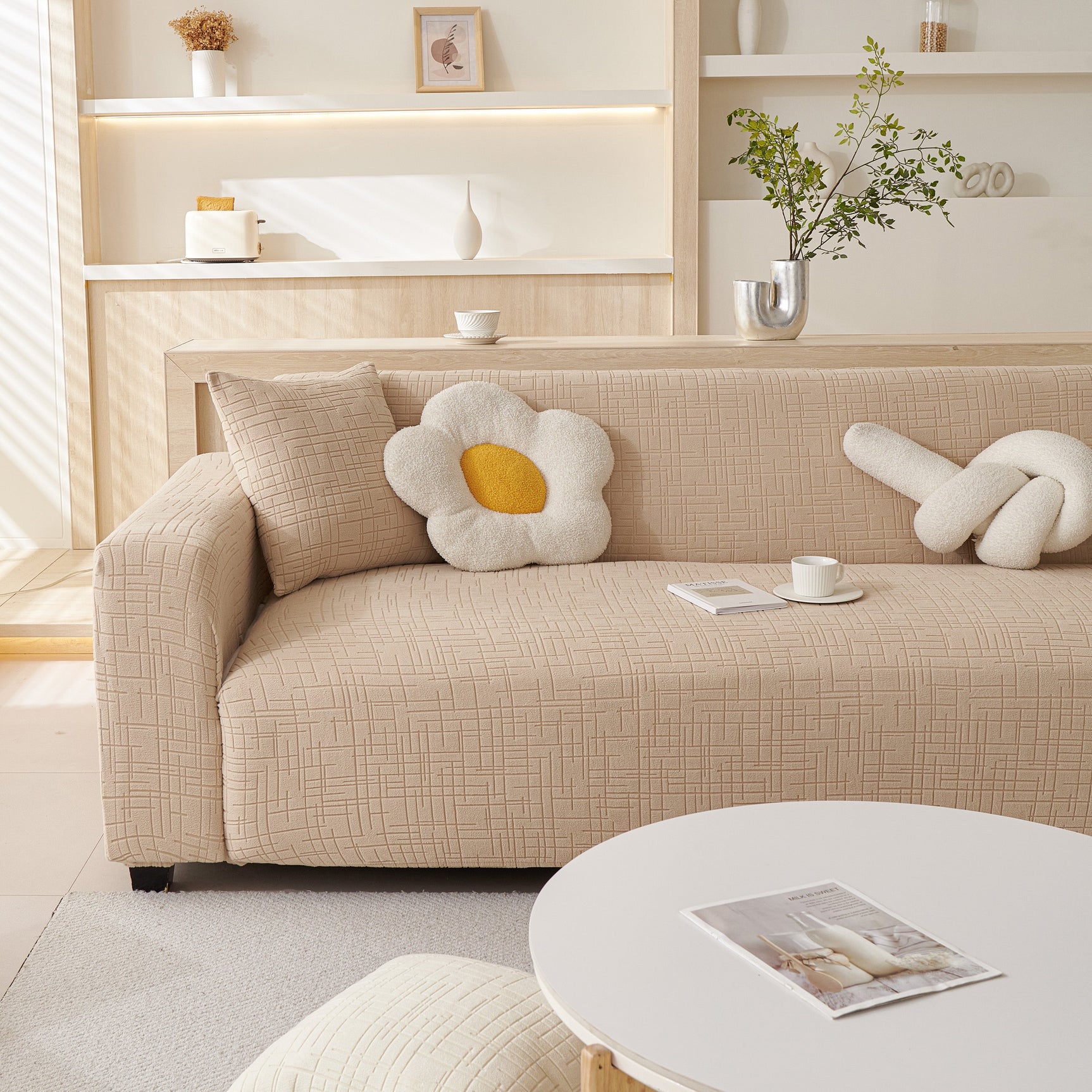 Embossed Lines Couch Covers Stretchable Non-Slip & Washable Sofa Slipcovers