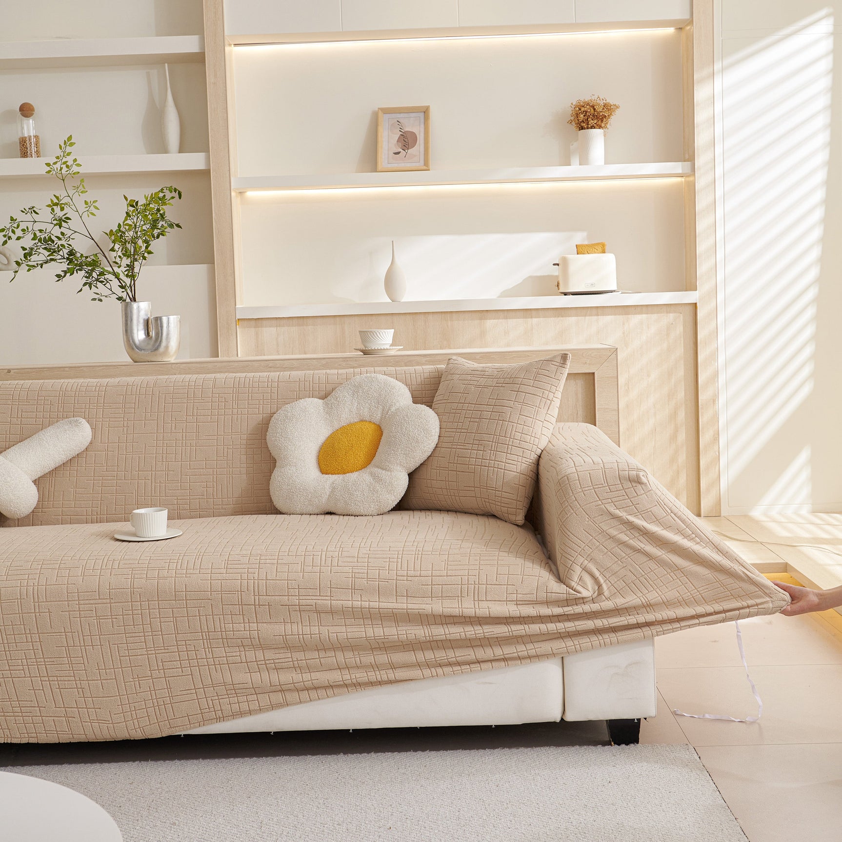Embossed Lines Couch Covers Stretchable Non-Slip & Washable Sofa Slipcovers
