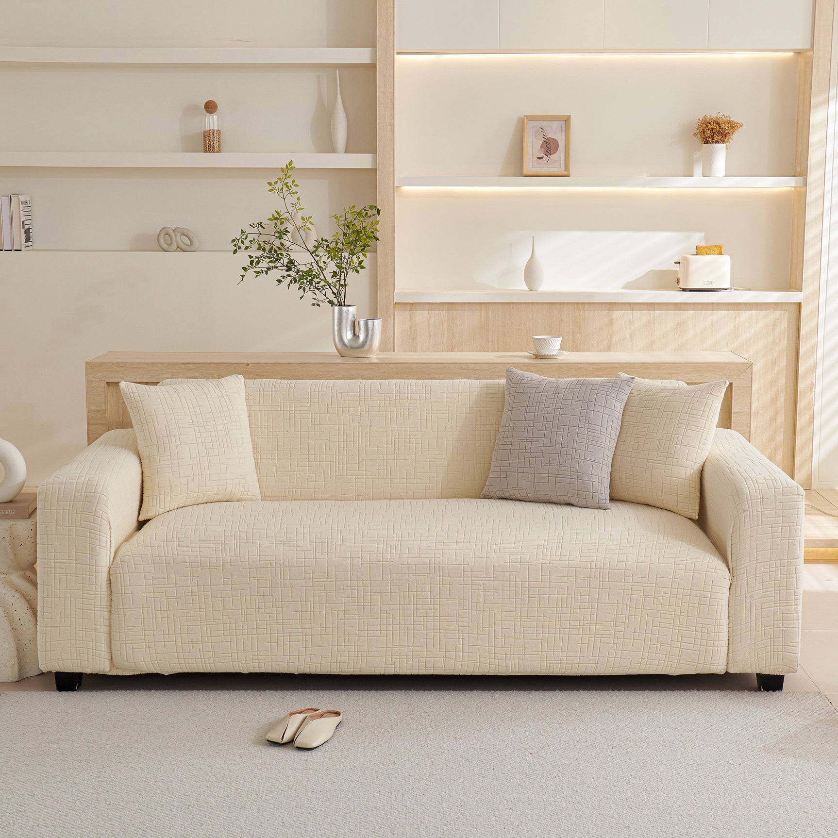 Embossed Lines Couch Covers Stretchable Non-Slip & Washable Sofa Slipcovers