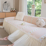 Daisy Striped Sofa Cover with Sheer Ruffle Skirt, Floral Soft Slipcover Blanket