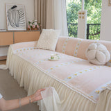 Daisy Striped Sofa Cover with Sheer Ruffle Skirt, Floral Soft Slipcover Blanket