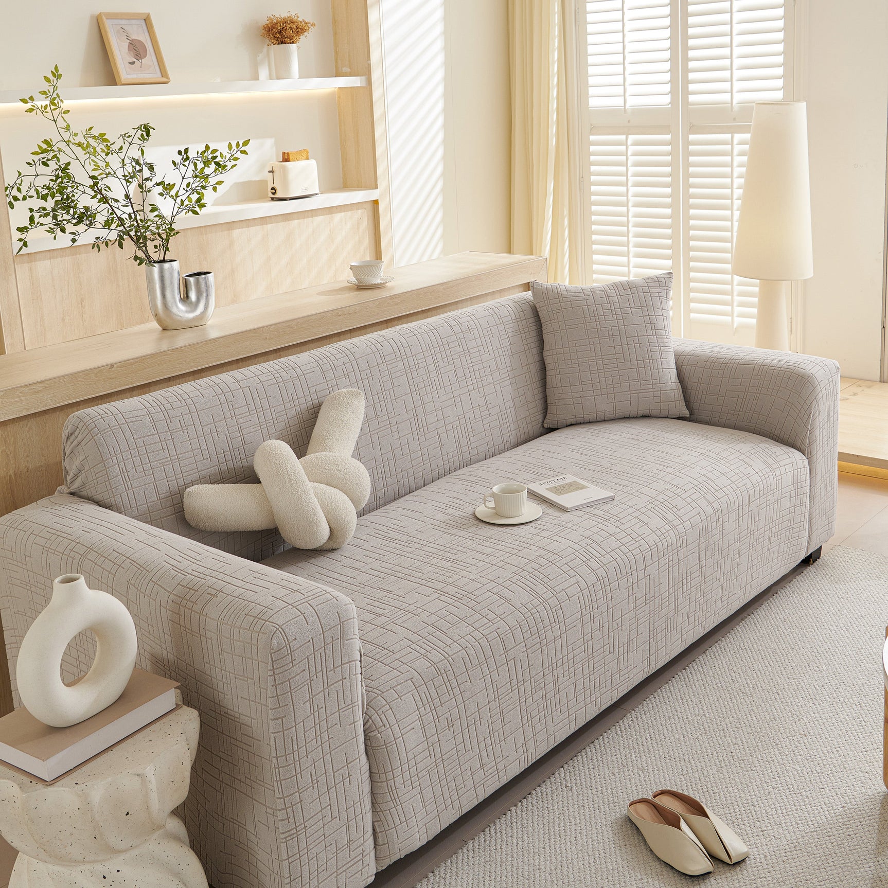 Embossed Lines Couch Covers Stretchable Non-Slip & Washable Sofa Slipcovers