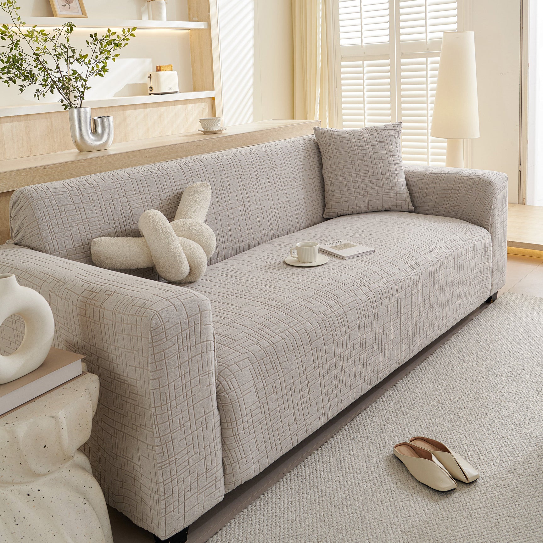 Embossed Lines Couch Covers Stretchable Non-Slip & Washable Sofa Slipcovers