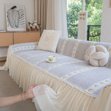 Daisy Striped Sofa Cover with Sheer Ruffle Skirt, Floral Soft Slipcover Blanket