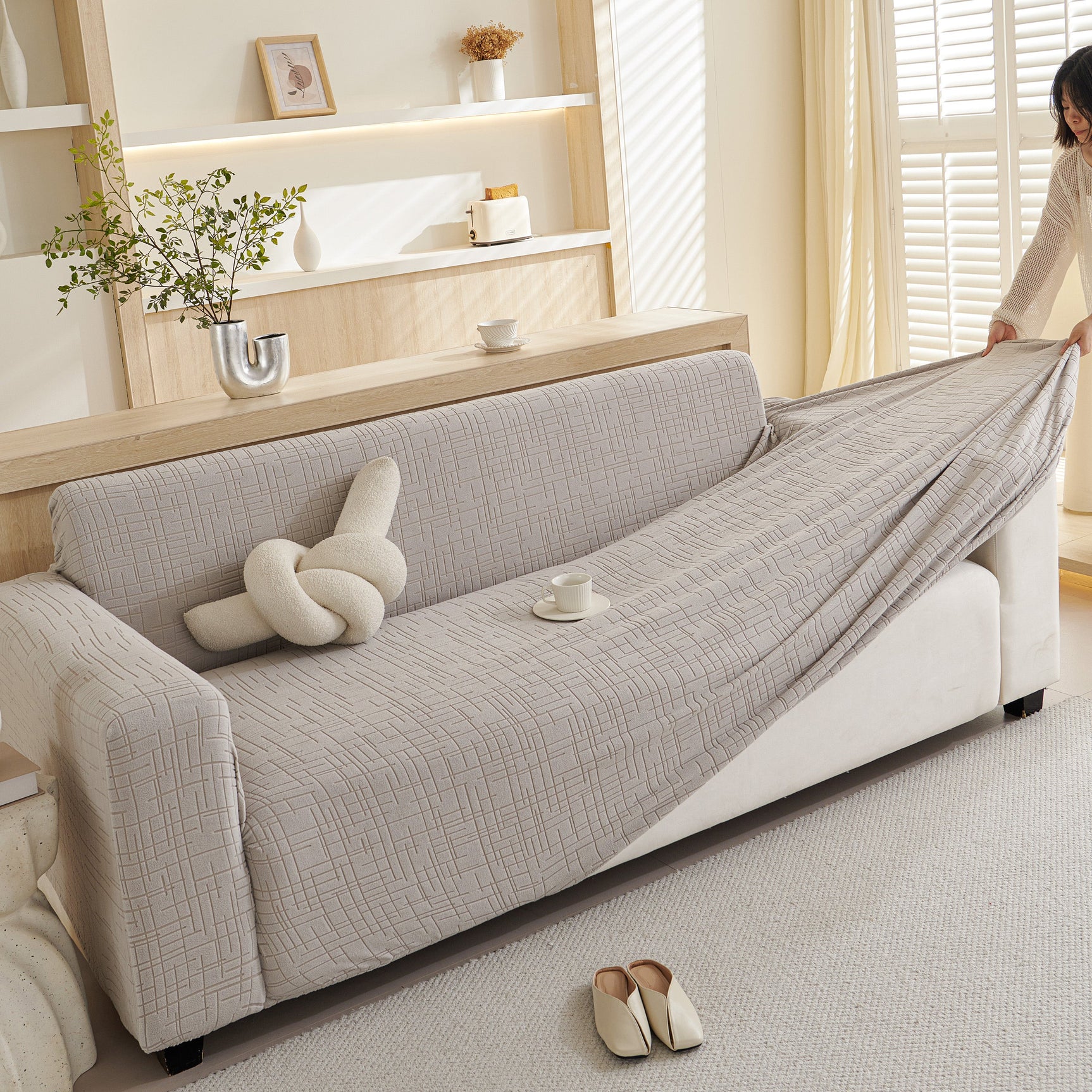 Embossed Lines Couch Covers Stretchable Non-Slip & Washable Sofa Slipcovers