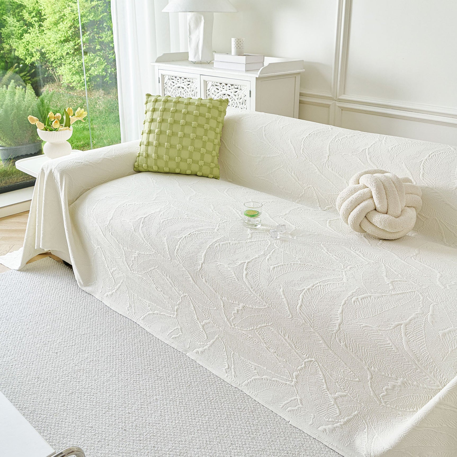 Embossed Leaf Pattern Sofa Cover Blanket for Couch, Soft Cooling Textured Couch Cover
