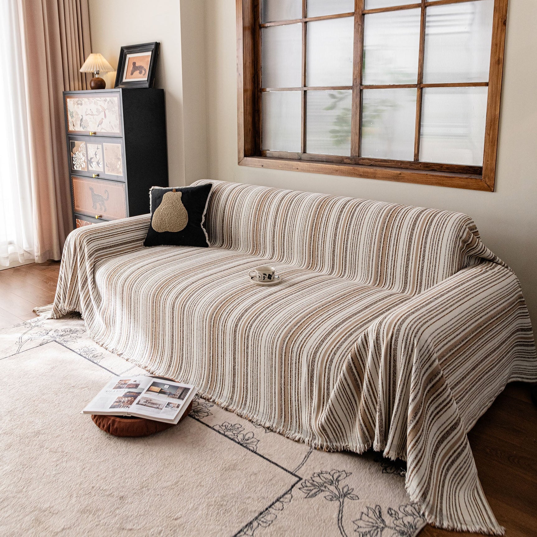 Luxury Cozy Chenille Sofa Cover Throw, Elegant Striped Soft Textured Couch Blanket