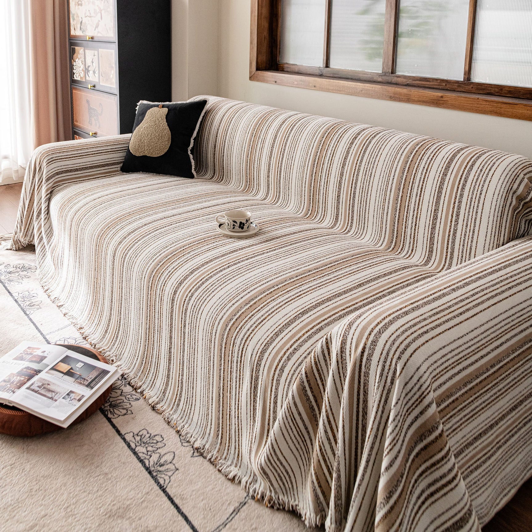 Luxury Cozy Chenille Sofa Cover Throw, Elegant Striped Soft Textured Couch Blanket