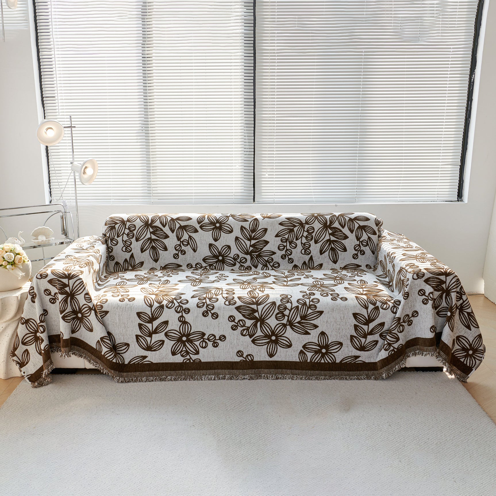 Floral Symphony Couch Throw Cover with Tassel, Chenille Sofa Cover with Leafy Melodies for Sectional
