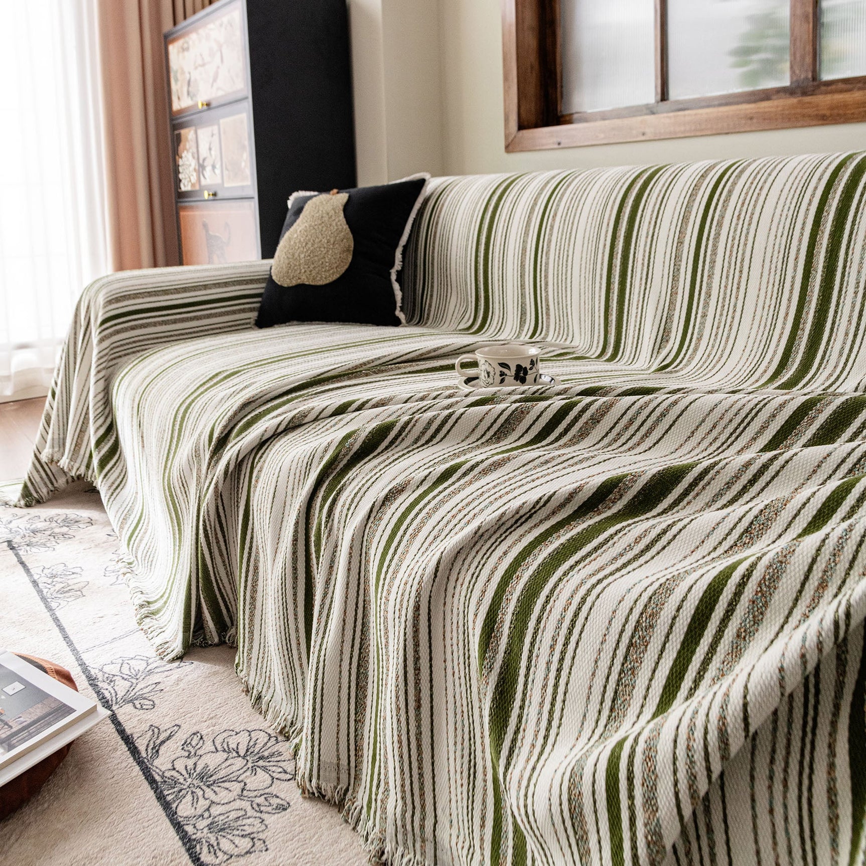 Luxury Cozy Chenille Sofa Cover Throw, Elegant Striped Soft Textured Couch Blanket