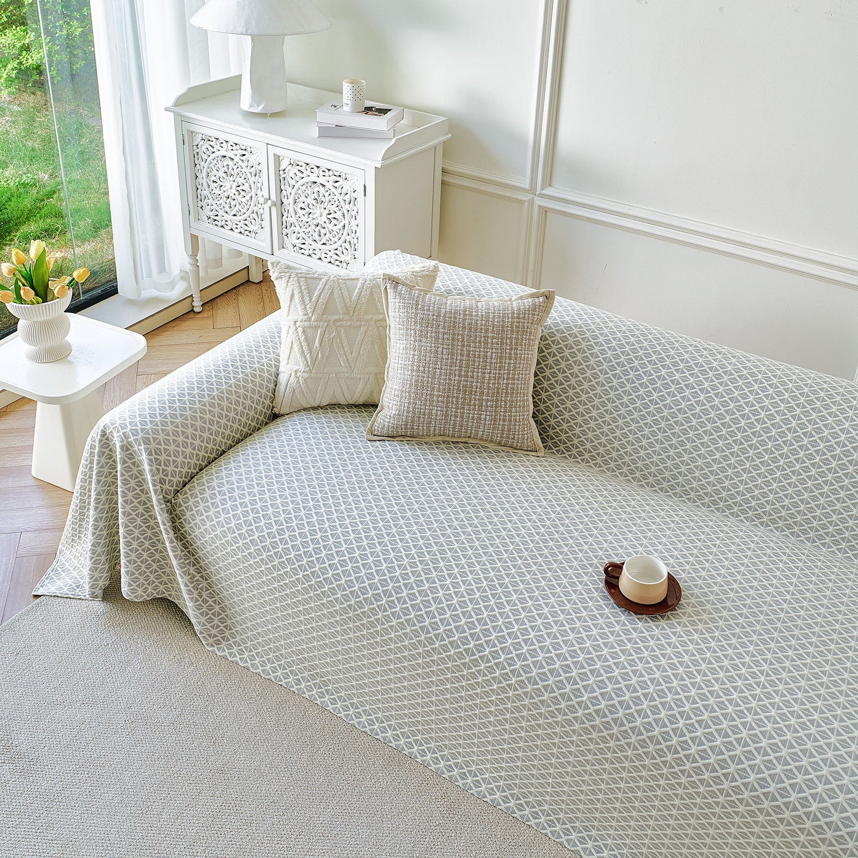 Fresh Geometric Sofa Throw Cover, Modern Textured Breathable Couch Protector Blanket