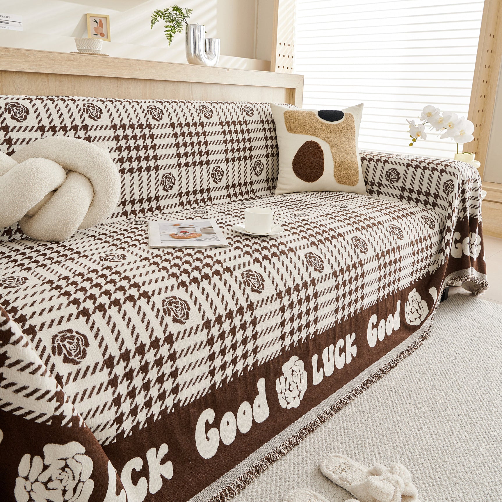 Chenille Houndstooth Sofa Throw Cover, Scratch Proof Cozy Throw Blankets for Couch