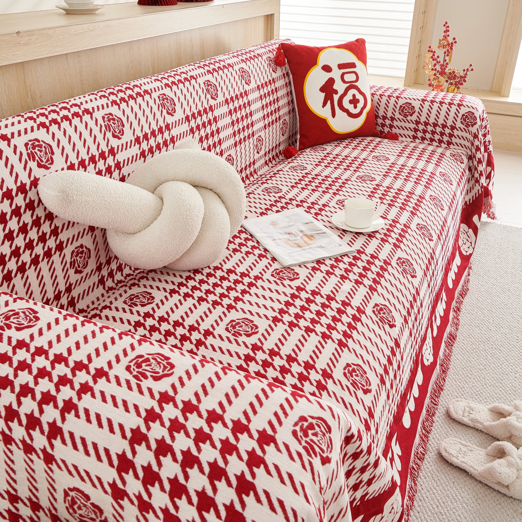 Chenille Houndstooth Sofa Throw Cover, Scratch Proof Cozy Throw Blankets for Couch