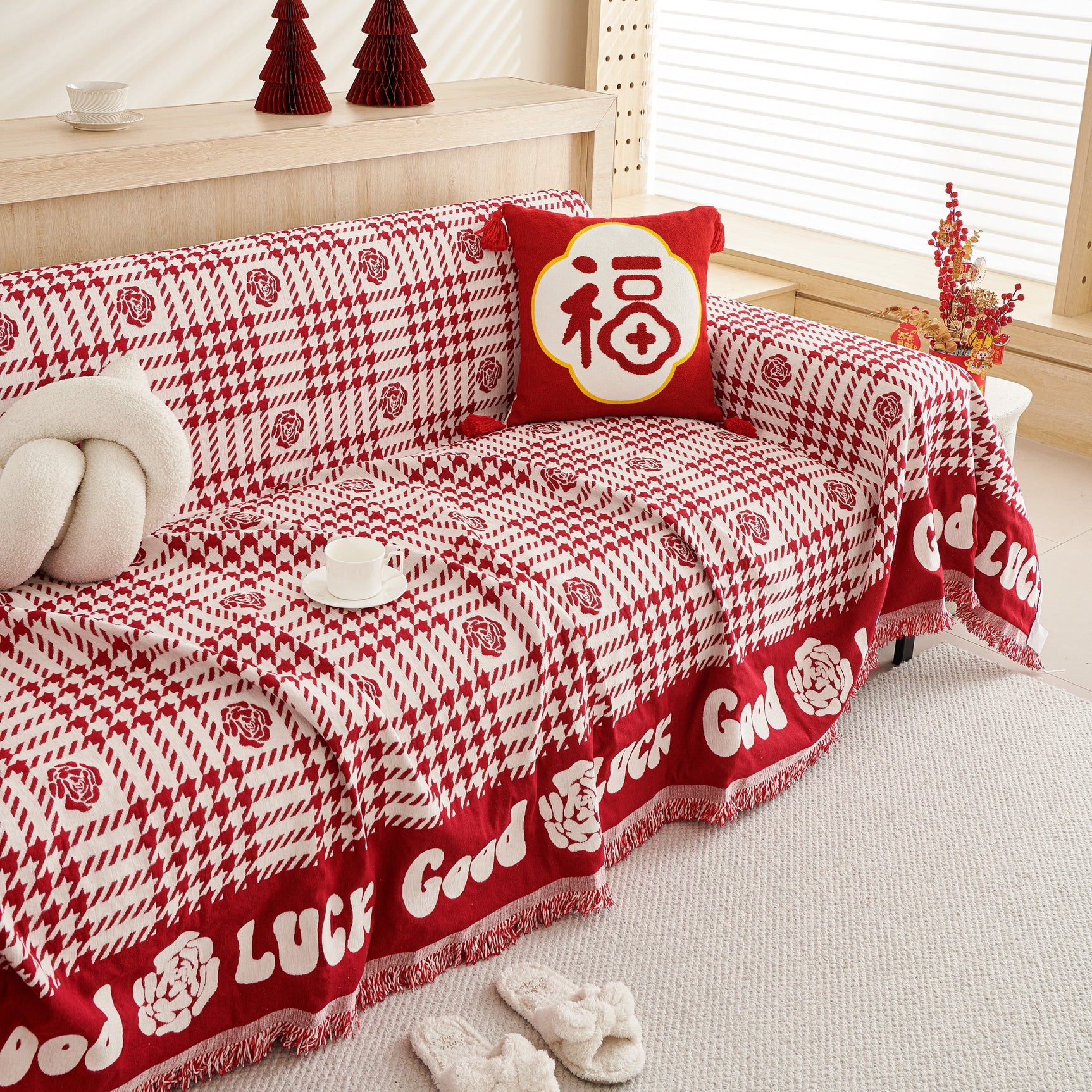 Chenille Houndstooth Sofa Throw Cover, Scratch Proof Cozy Throw Blankets for Couch