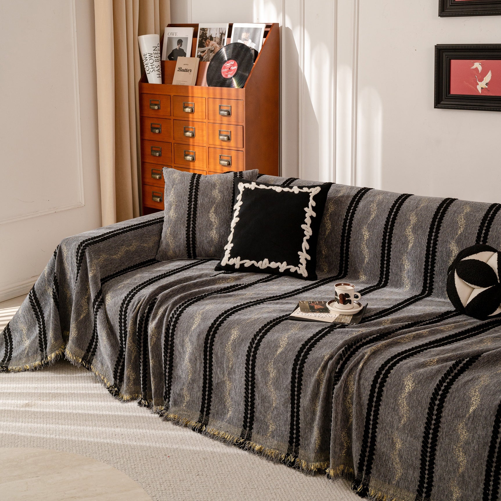 Boho Couch Throw Blanket with Textured Stripes, Sofa Cover for Living Room Decor