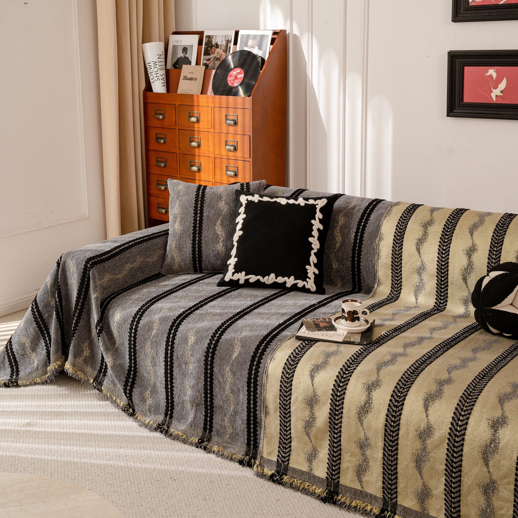 Boho Couch Throw Blanket with Textured Stripes, Sofa Cover for Living Room Decor