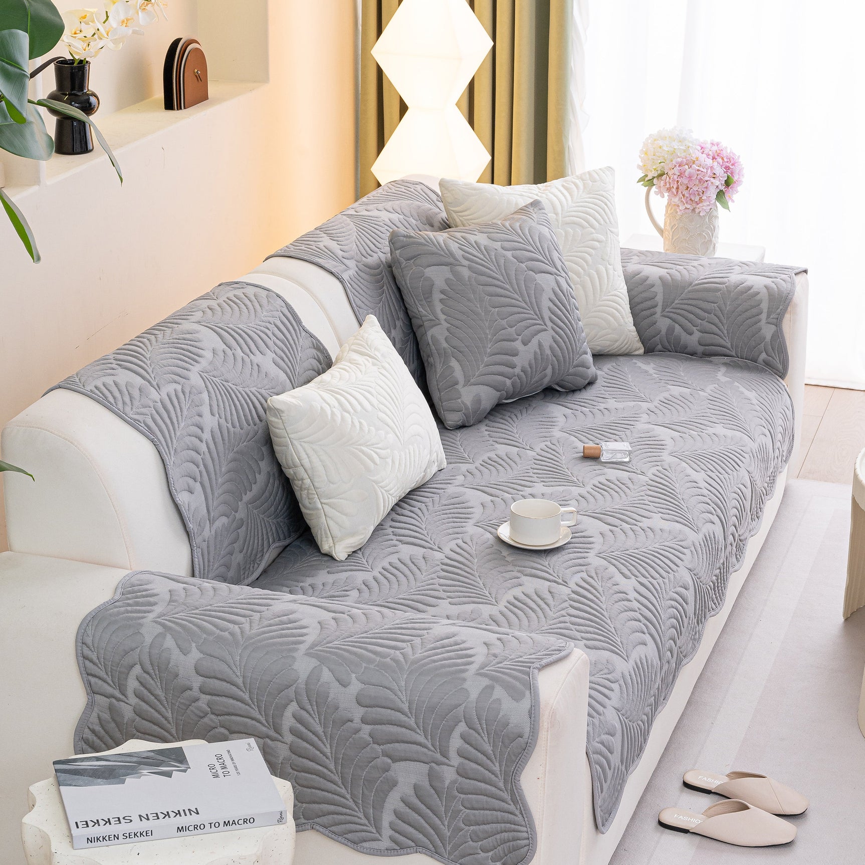 Sofa Cover for Leather & Fabric Couches, 3D Leaf Embossed Quilted Furniture Covers