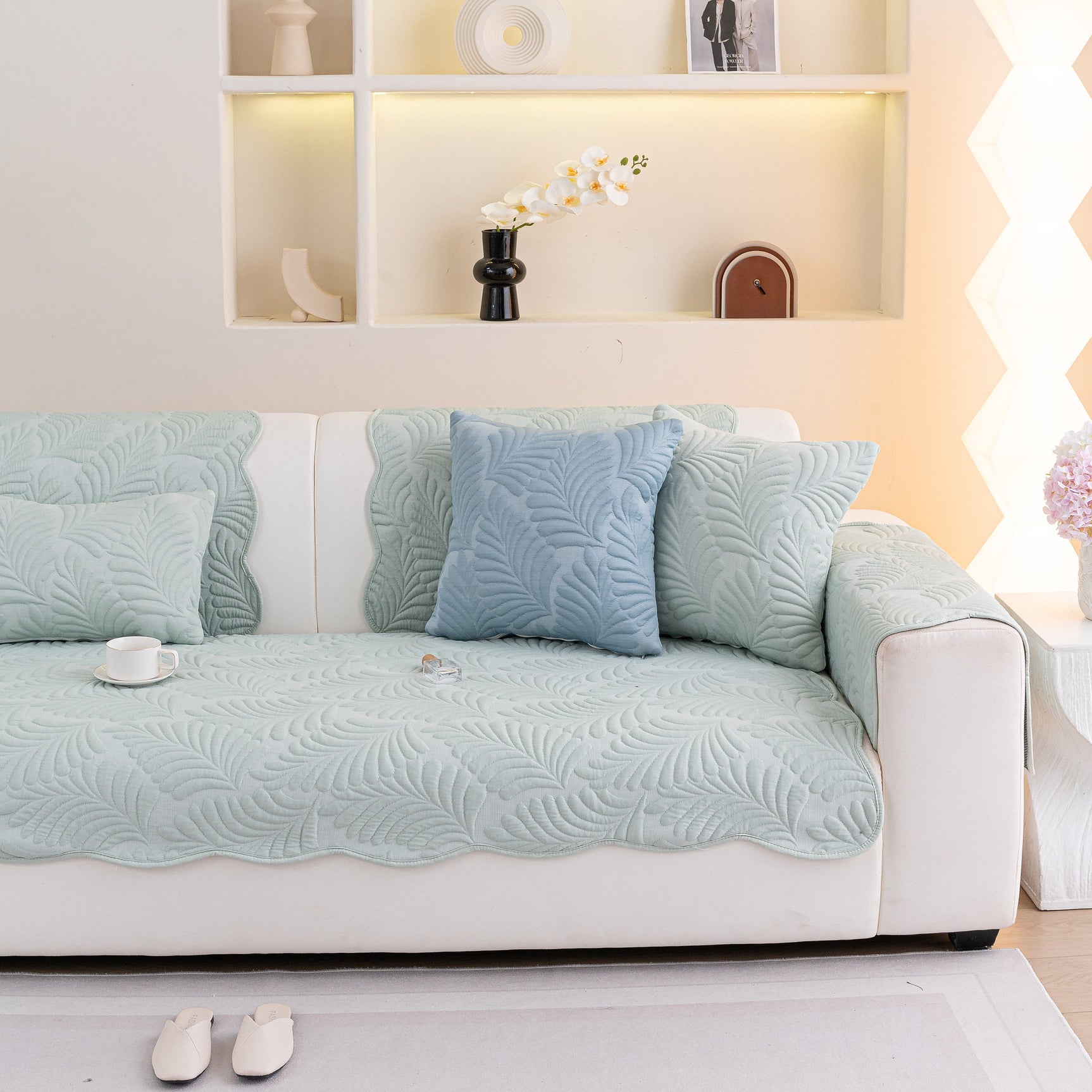 Sofa Cover for Leather & Fabric Couches, 3D Leaf Embossed Quilted Furniture Covers