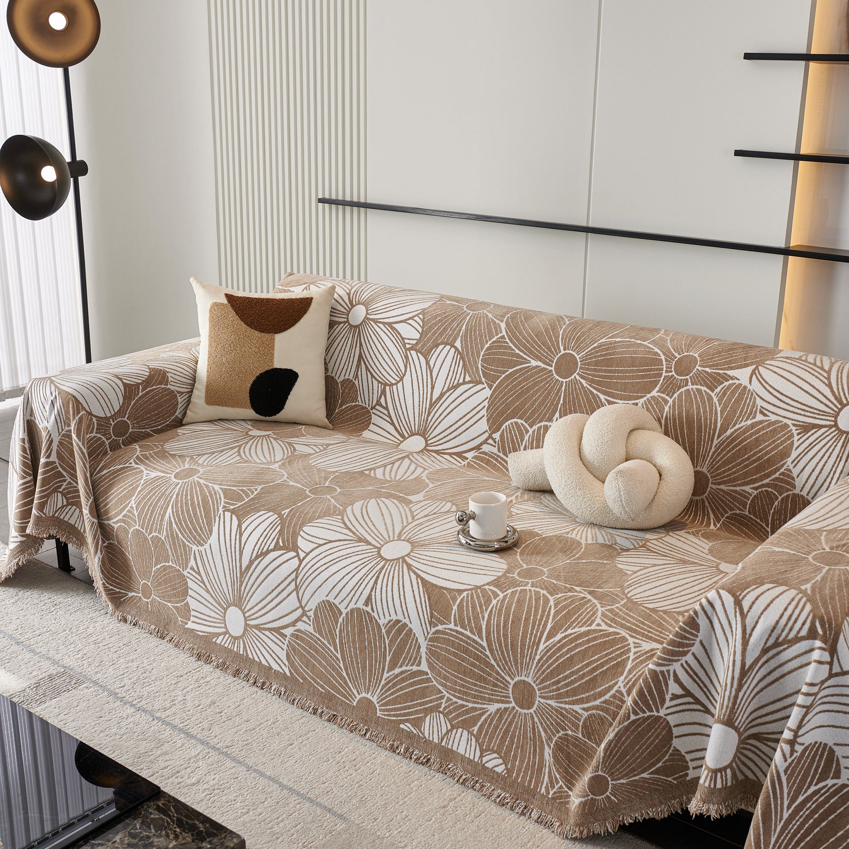 Chenille Jacquard Sofa Throw Cover with Tassels, All-Season Furniture Protector for Home and Office