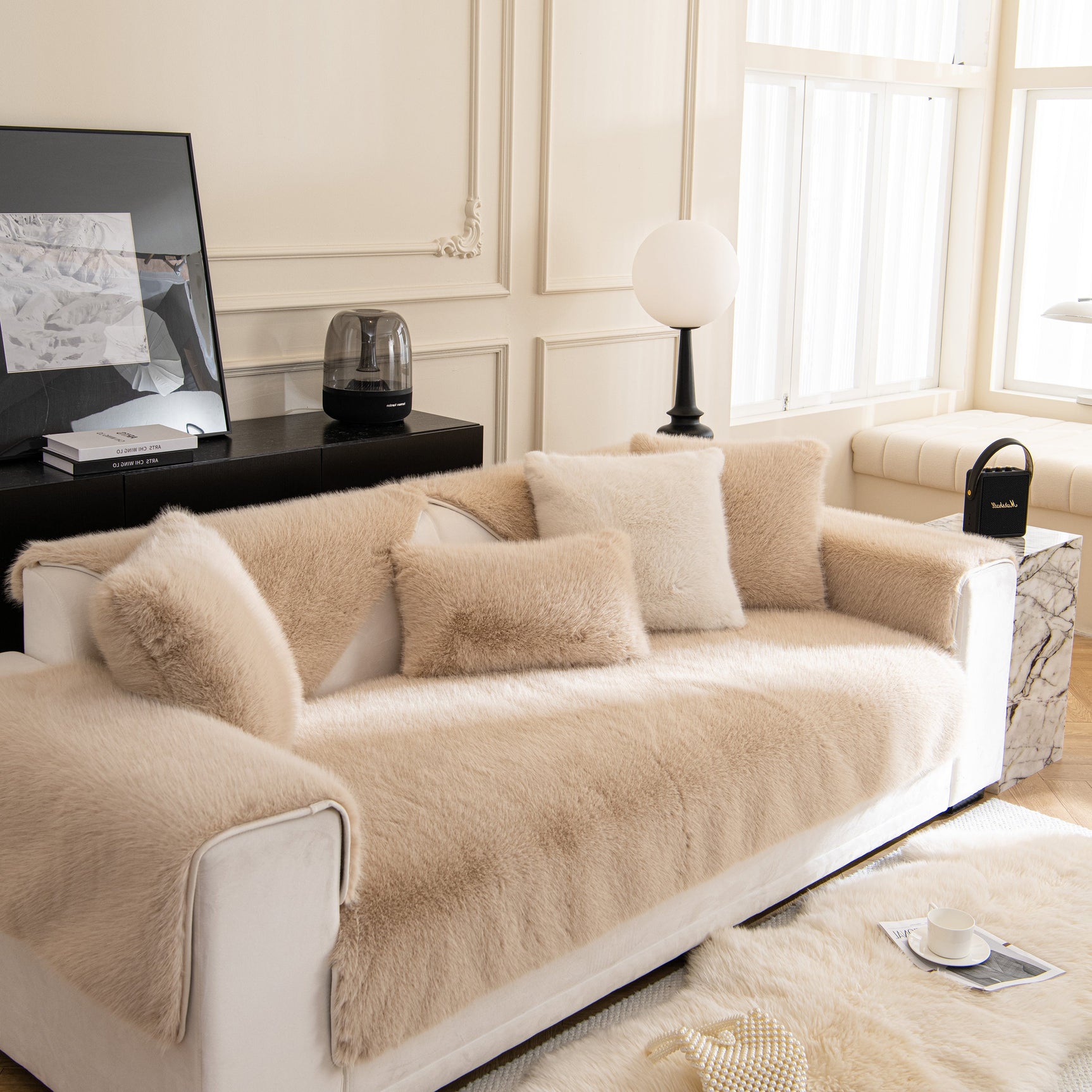 Faux Mink Velvet Luxury Fluffy Sofa Cushion, Winter Warm Thick Plush Non-slip Sofa Covers