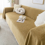 Couch Cover Sectional L Shape Chenille Herringbone Couch Throw Cover with Tassel Pom-Poms for Pets