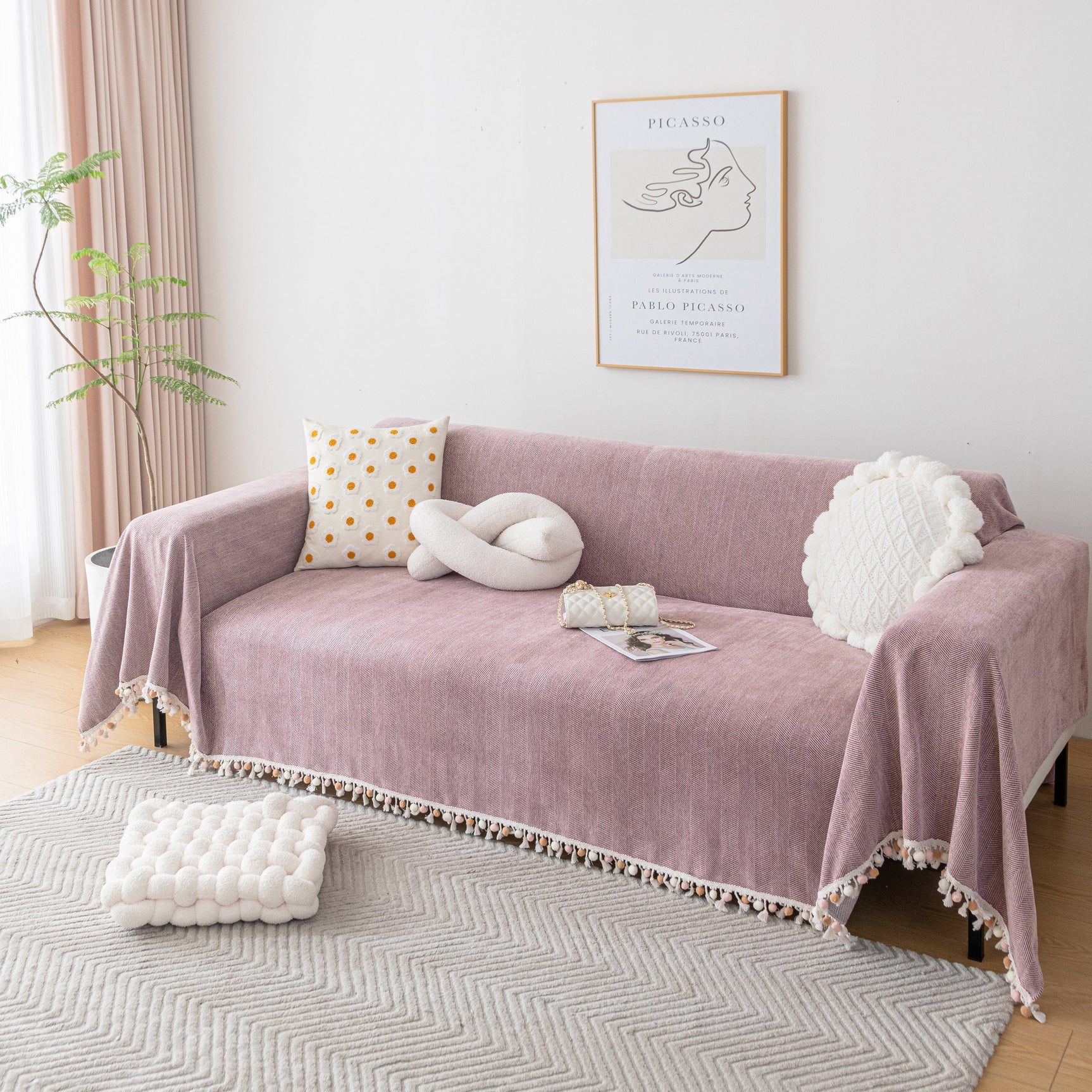 Boho Herringbone Sofa Throw Blanket with Pom Pom Tassels Stylish Furniture Slipcover