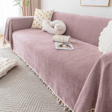 Couch Cover Sectional L Shape Chenille Herringbone Couch Throw Cover with Tassel Pom-Poms for Pets