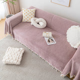 Couch Cover Sectional L Shape Chenille Herringbone Couch Throw Cover with Tassel Pom-Poms for Pets