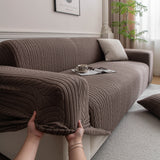Plush Fleece Sofa Slipcover with 3D Wheat Pattern, Cozy High-Stretch Couch Cover